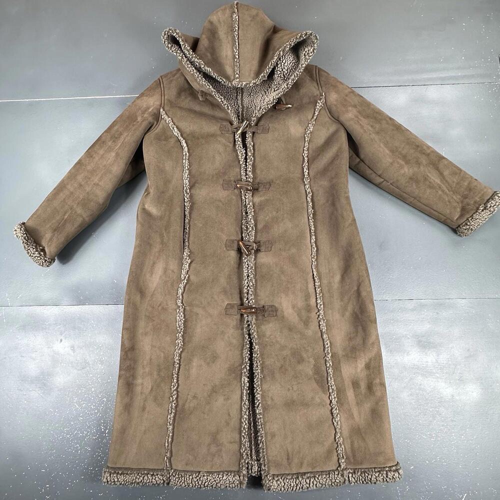 L.L. Bean Taupe Suede Hooded Shearling-Trim Toggle Coat